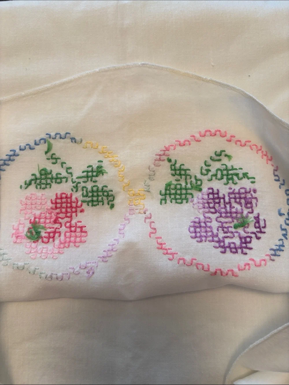 Embroidered Floral Pillowcase - Cream with Pink & Purple Flowers